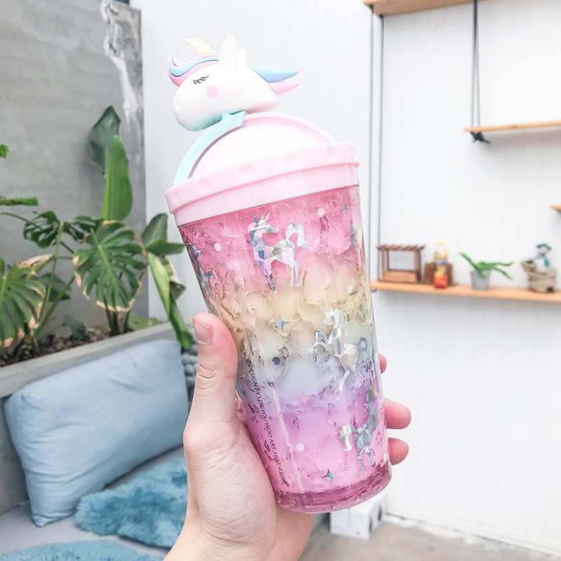 Unicorn Push Cap Plastic Ice Cup Cute Literary Fresh Cartoon Double Straw Cup Students Cup: 2