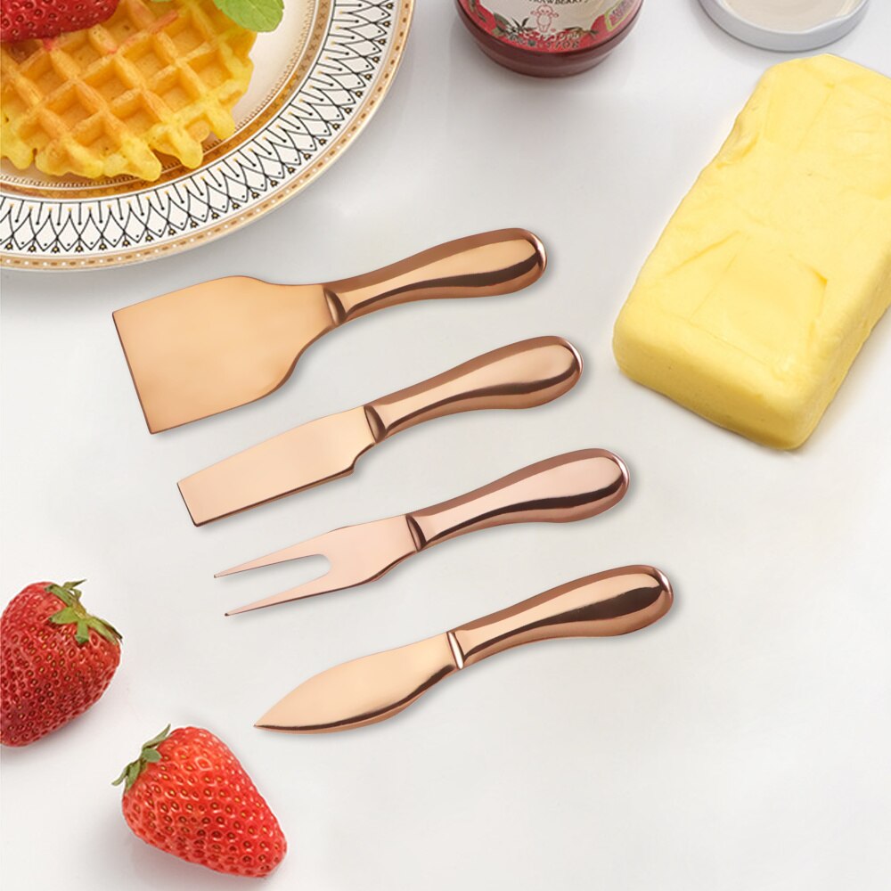 4Pcs Cheese Knife Set Complete Stainless Steel Collection Multi-Use Cheese Knives Slicer Cutter Spreader Fork: rose gold