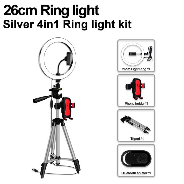Selfie Ring Lamp LED Ring Light Selfie For Ring Phone Photography Lighting Camera Tripod Kit Photo Equipment Black And Silver: 26cm silver 4 in 1