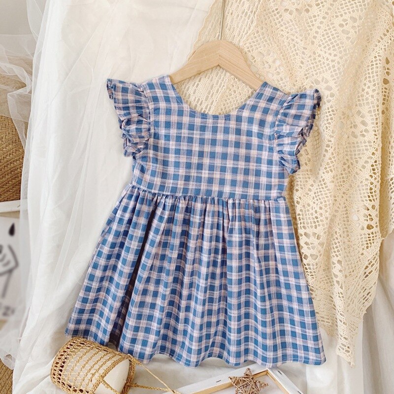 Zomer Meisjes Jurken Prinses Plaid Ruches Hollow Back Japon Mouwloze Leuke Rok Kid Kleding Voor Baby Meisje: 4-5T