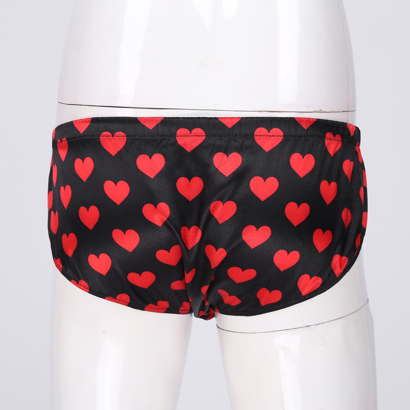Mens Lingerie Sissy Underwear Heart Printed Satin Briefs Panties Low Waist Elastic Waistband Bulge Pouch Underpants