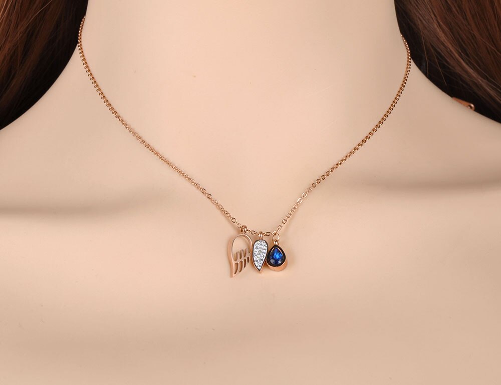 Lokaer Titanium Stainless Steel Angel Wings & Water CZ Crystal Charm Pendant Jewelry Chain Choker Necklace For Women N19094