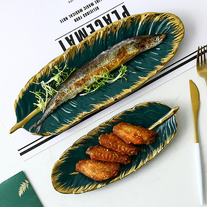 Criativo folha verde forma placa de cerâmica prato jewerlry ouro conjunto jantar porcelana carregador sobremesa louça sushi talheres