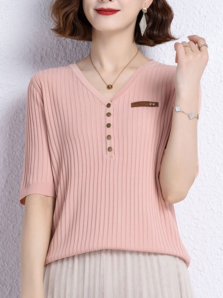 Yisu Zomer Vrouwen Trui V-hals Effen Kleur Tops Korte Mouw Losse Vrouwelijke Casual Gebreide Trui Vrouwen Kleding 2022: Roze / Xl