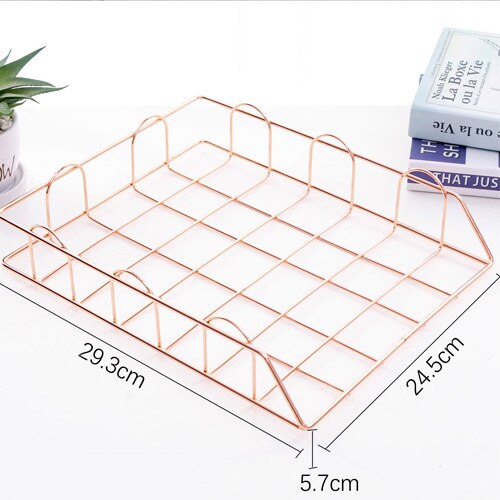 Rose Gold Desktop Storage Box Desk Magazine Rack with Pen Holder, Handmade Metal File Office Organizer Paper Tray Drawer Stor: A rose gold