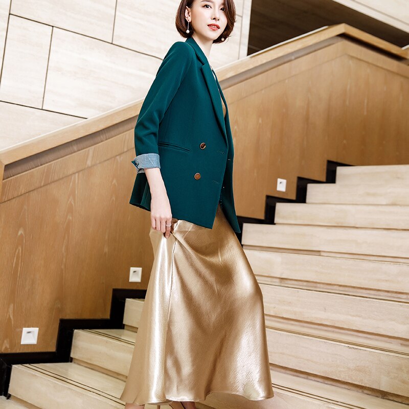 Lenshin Double boutonnage contraste manches Blazer en vrac haute-rue décontracté Style veste bureau dame manteau usure