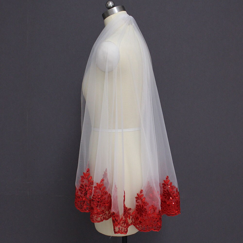 Bling lentejuelas encaje rojo blanco marfil tul corto velo de novia una capa velo de novia con peine accesorios de boda