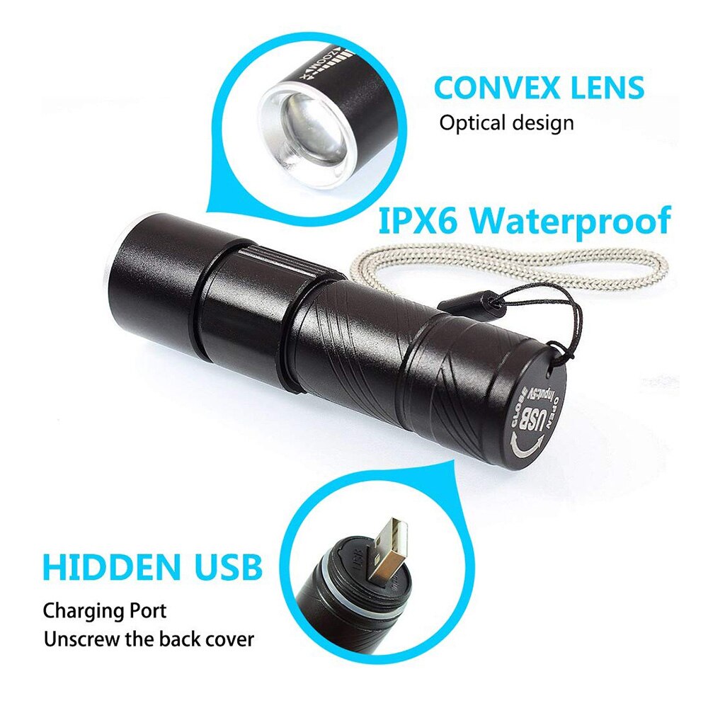Strong Light Purple-Light Flashlight Three Modes Aluminum Alloy Rechargeable Torch Three Light Modes UV NUV 365nm Light