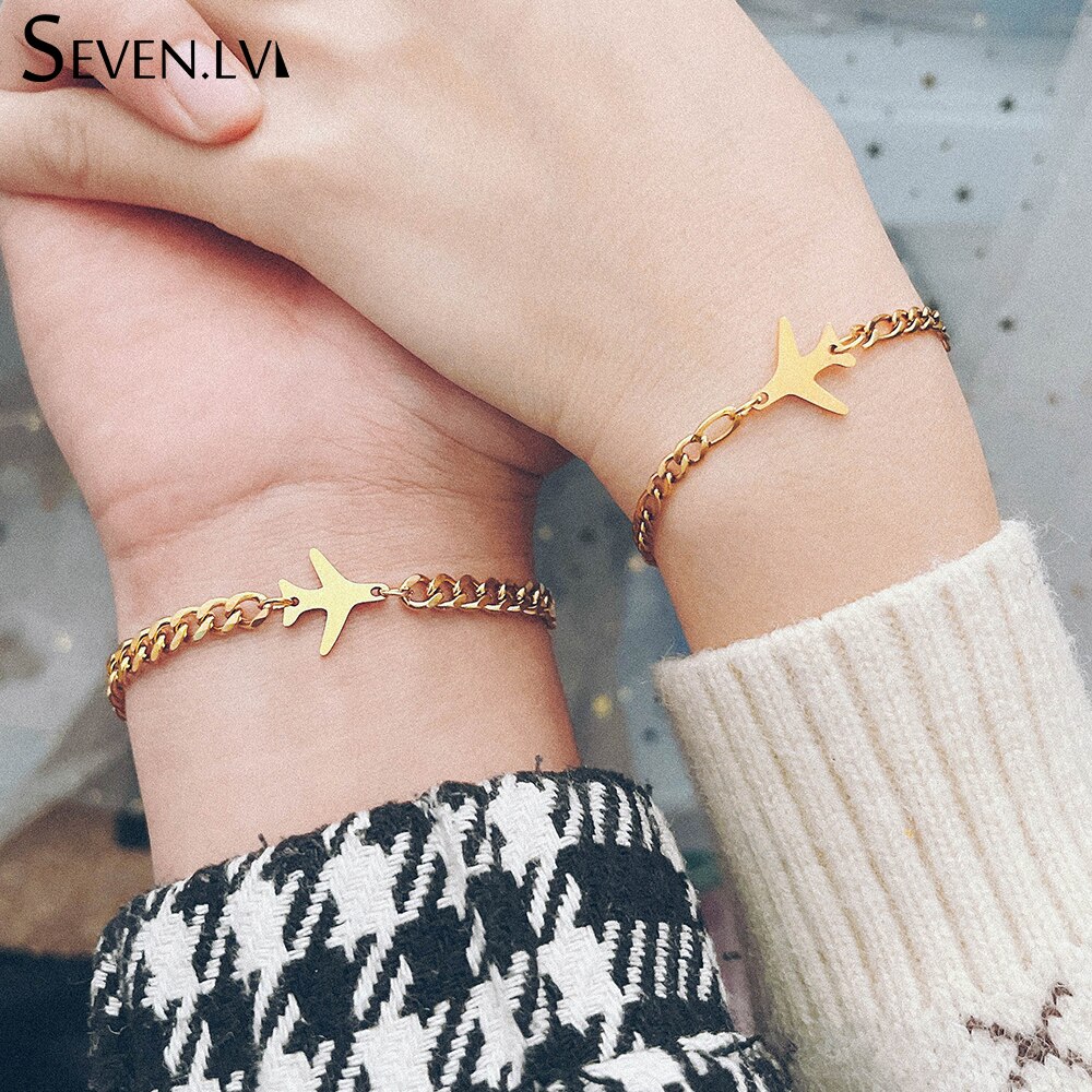 Sevenlv-abalorio de avión dorado de acero inoxidable para hombre y mujer, pulsera Vintage con doble agujero, colgante de avión, de joyería