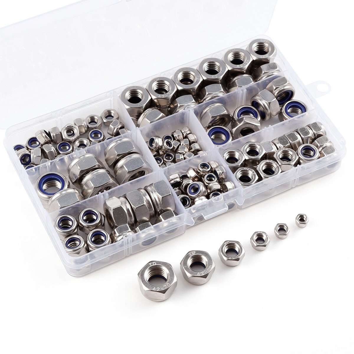 150 x self-locking hexagon nut 6 sizes M4 M5 M6 M8 M10 M12 assortment Stainless steel screws flange counter nut with plastic box