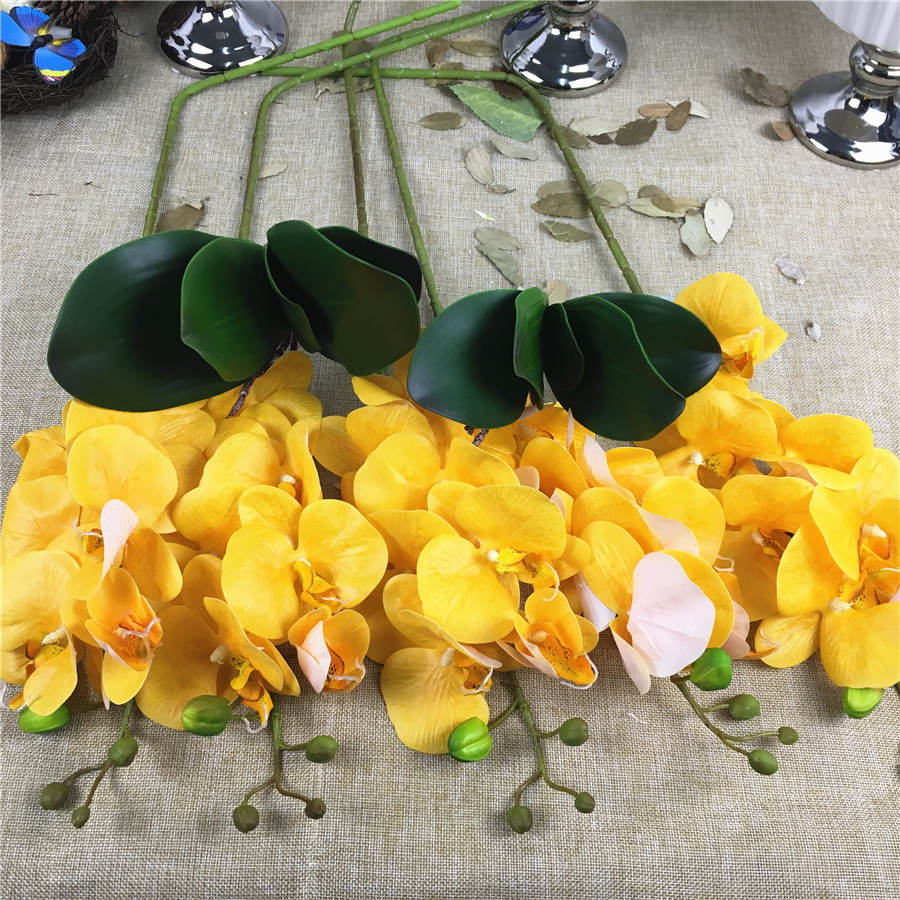 1 sæt = 5 blomstergrene  + 2 orkideestængler, ægte touch latex kunstige blomster blomster blomster sommerfugl orkidé hjem bryllup dekoration: Guld
