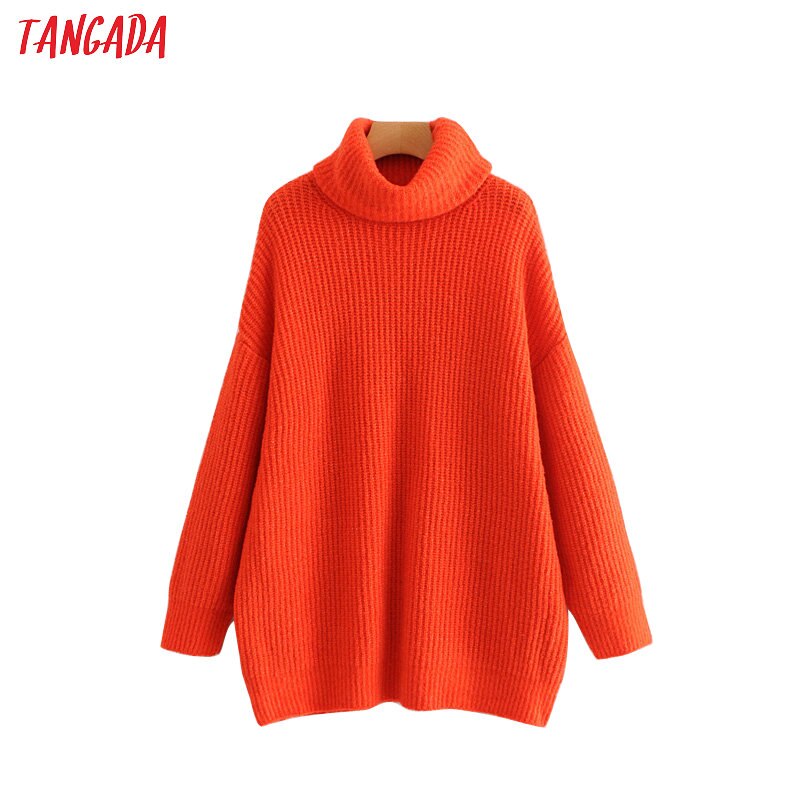 Tangada kvinder solide sweaters rullekravetrøjer oversize efterår vinter lang sweater frakke flagermusærmer løst strik top  hy31: Orange rød / M