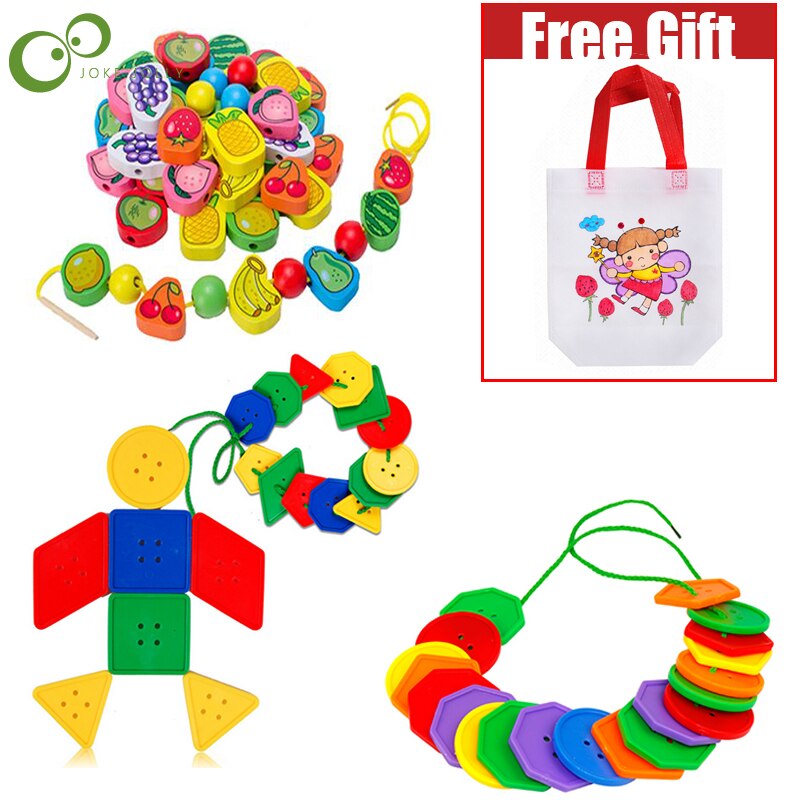 Early Learning Geometric Blocks Threading Buttons 26pcs/SET Wooden Animal Fruit Block stringing beaded Toys WYW