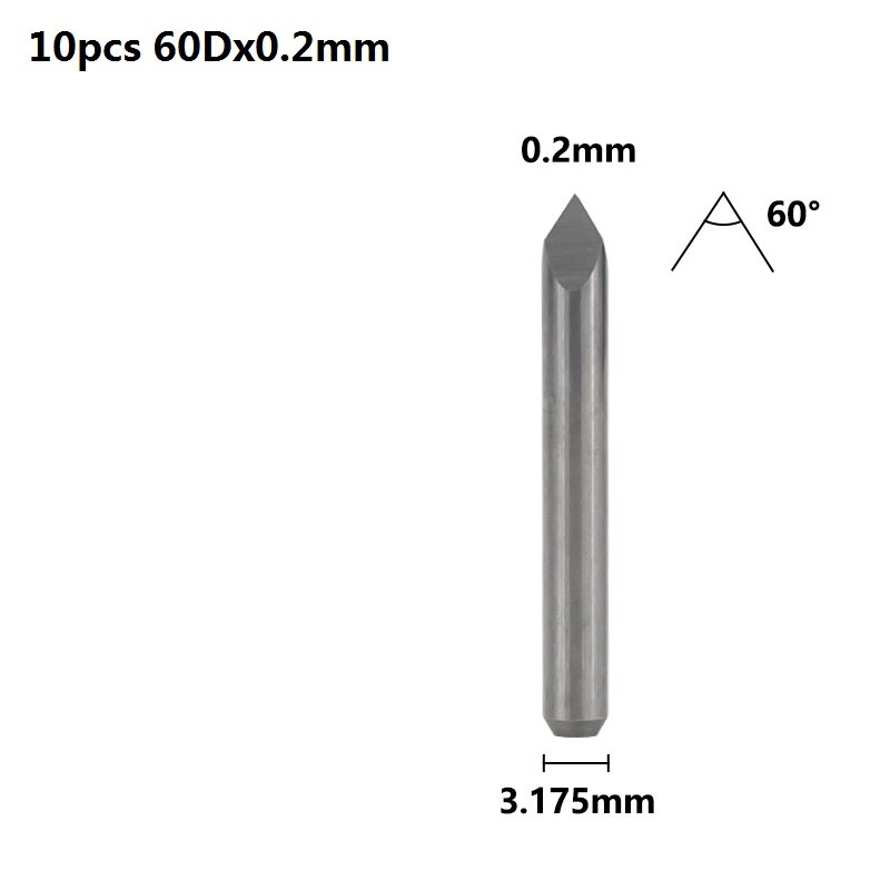 Xcan 3 Rand Piramide Graveren Bits 10 Stuks 20/30/40/45/60/90 Graden Tip 0.1-0.3Mm 3.175Mm Shank Cnc 3D Frees: 10pcs 60Dx0.2mm