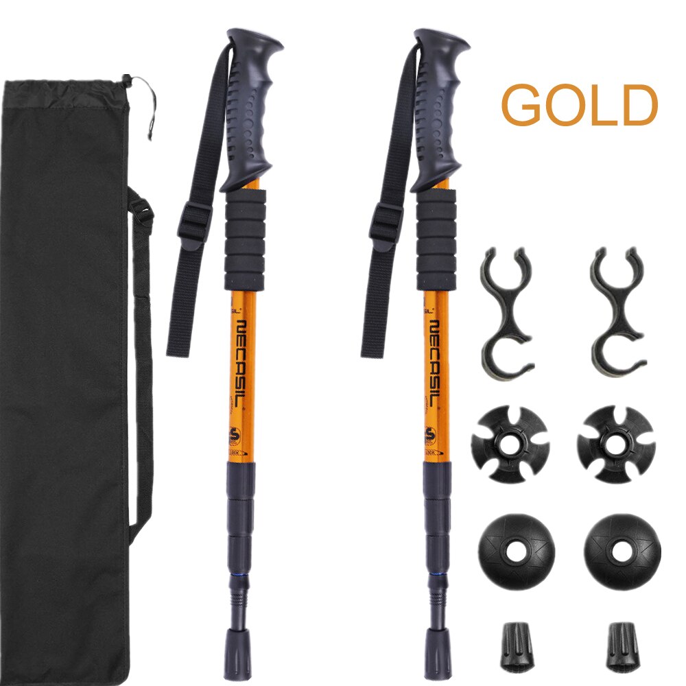 Bastones de Trekking, bastón nórdico para caminar, bastón telescópico de aluminio para campo de esquí y senderismo al aire libre, muletas, 2 unids/lote: gold