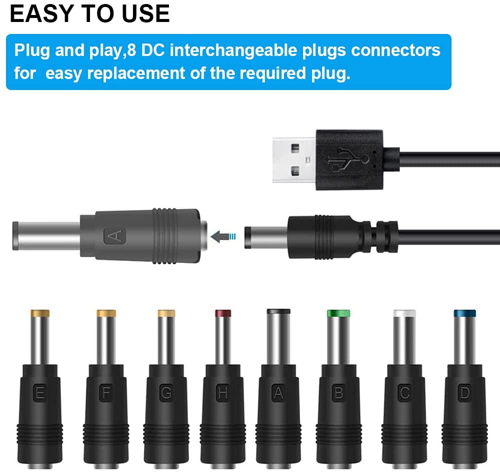 Câble d'alimentation de convertisseur USB 5V à cc 12V + 8 connecteurs, adaptateur USB à cc (moins de 2A Max pour 8Watts)