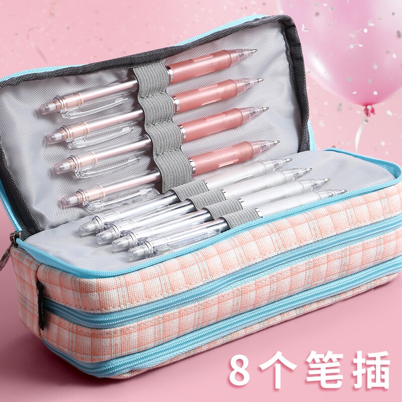 Large Pencil Case with Zipper Cute Grid School Supplies Pencil Pouch for Teen Girls and Boy School Student Bag