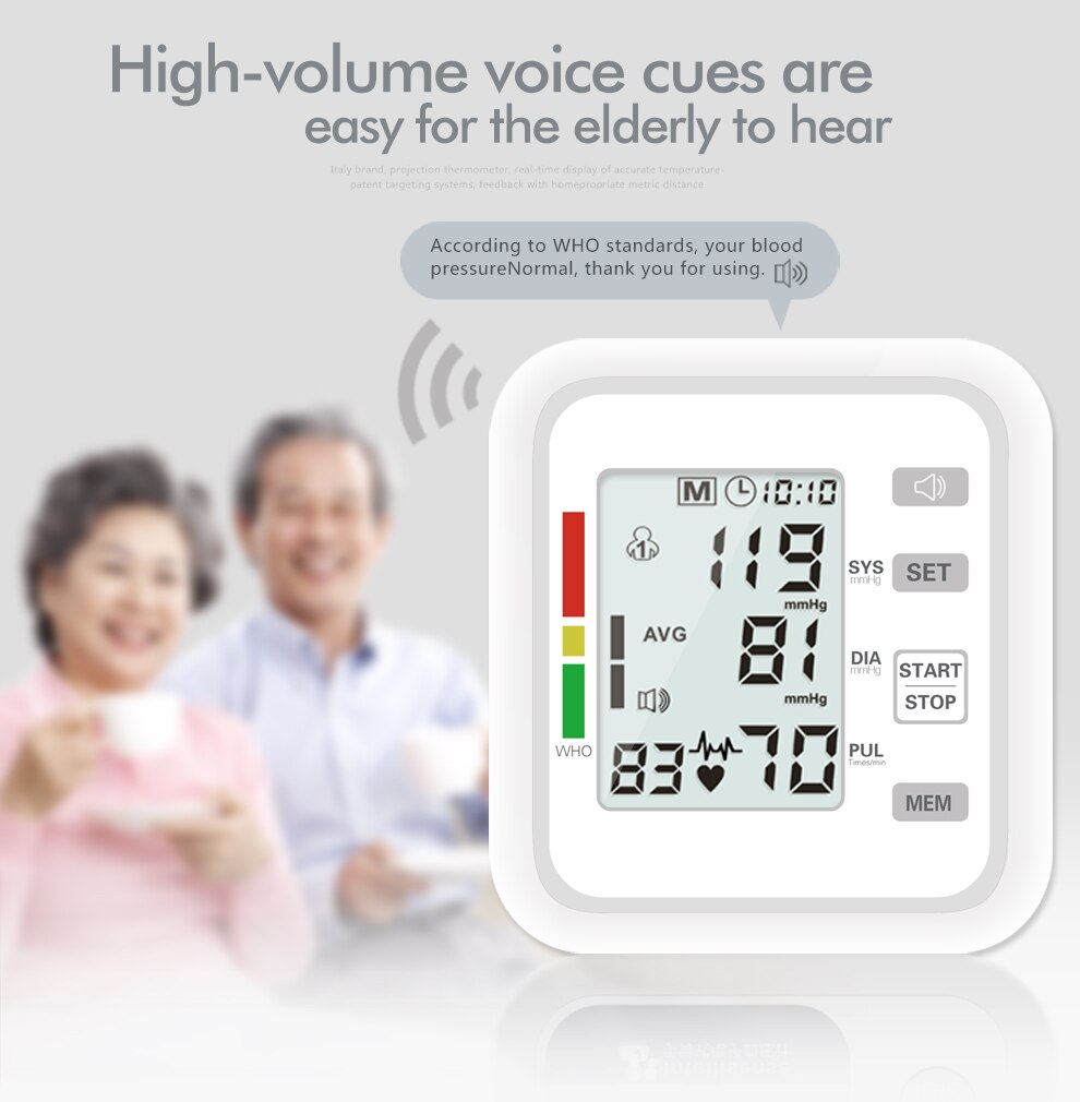 Engelsk intelligent overarms blodtryksmåler hjemmeblodtryksmåler automatisk blodtryksmåler med stemme