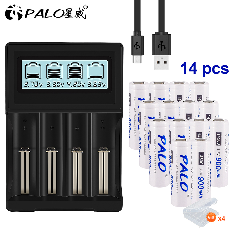 PALO 3.7V 18650 batterij oplader voor 18650 26650 16340 14500 lithium batterij + 14500 AA Li-Ion Oplaadbare Batterij: 14pcs and charger