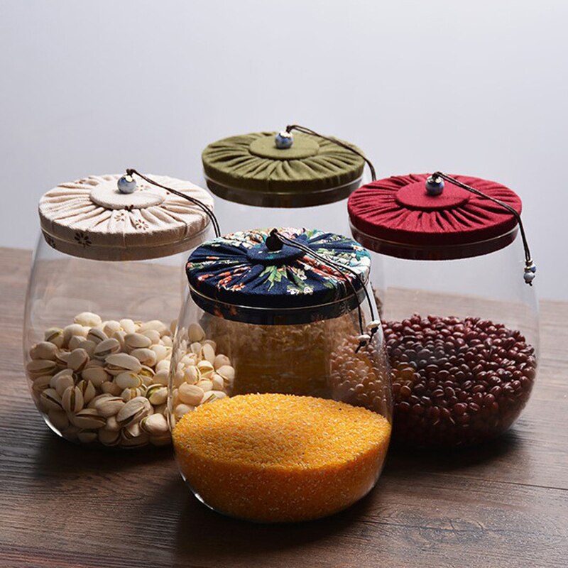 1000ml Glass Food Storage Jars, Borosilicate Glass Containers with Cloth Lid, Kitchen Storage Container, Glass Canister Set