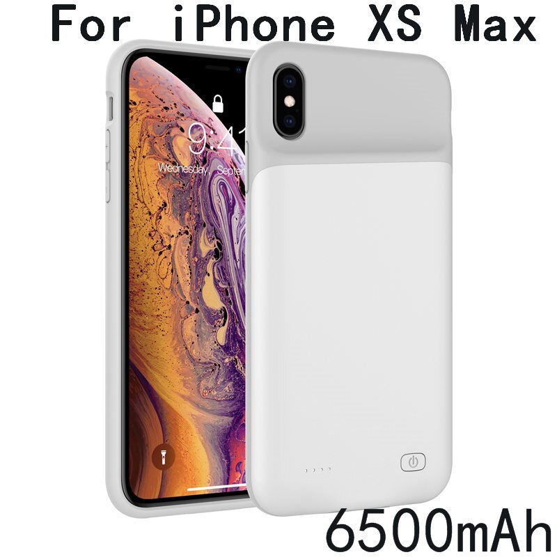6500 mah slank silikone stødsikker batteriopladeretui til iphone xs max xr x power bank case ekstern pakke backup charger case: Xs max-hvid