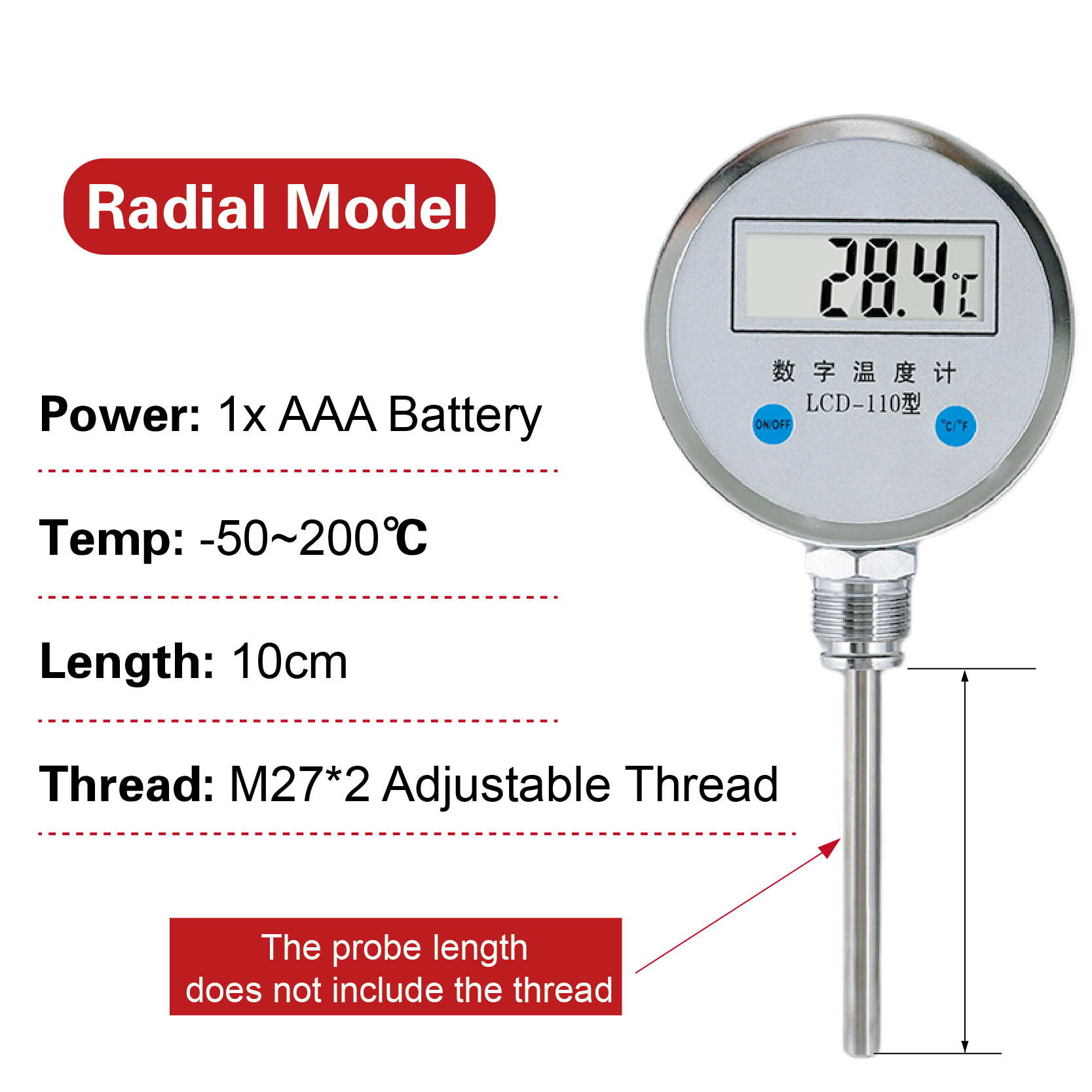 LCD-110 Digital Bimetallic Thermometer LCD Display Industrial High Precision Water Temperature Gauge Stainless Steel Sensor: black