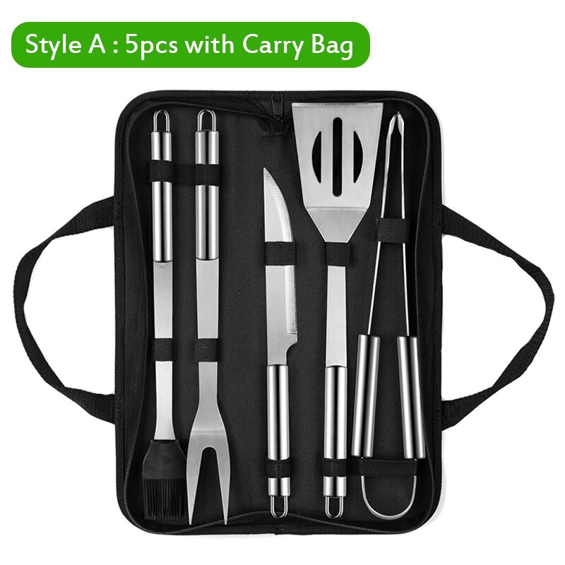 21Pcs Stainless Steel BBQ Tools Set Barbecue Grilling Accessories Utensils for Camping Party Outdoor Cooking BBQ Tools Kits: 5pcs with Carry Bag