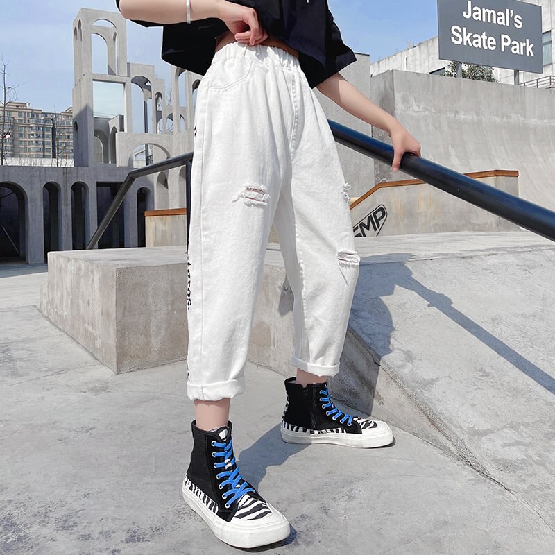 Pantalon en Denim blanc pour adolescentes de 4 à 14 ans, nouvelle de printemps, avec lettres imprimées, Jeans déchirés de Style coréen, vêtements pour enfants,