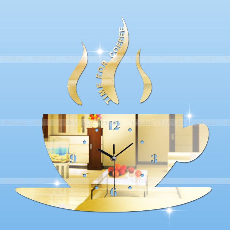 DIY Home Decor Wall Sticker Clock Mirror Effect Coffee Cup Shape Large Decorative Wall Clocks for Living Room: Gold