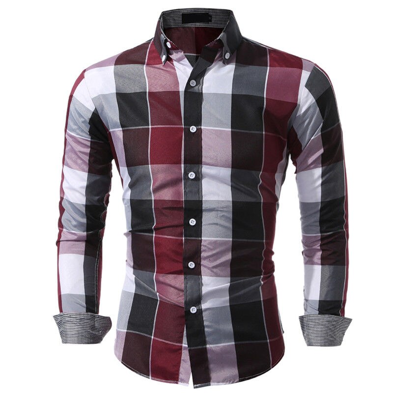 De los hombres de la Slim Fit de manga larga a cuadros de algodón camiseta Casual camisas Chemise Homme hombre cuadros guapo Casual hombres blusa