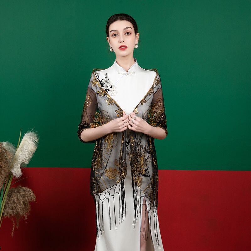 Bolero De encaje De lentejuelas para De Mujer, capa para vestido De noche, Bolero, boda, abrigos, chales, bufanda: Marrón