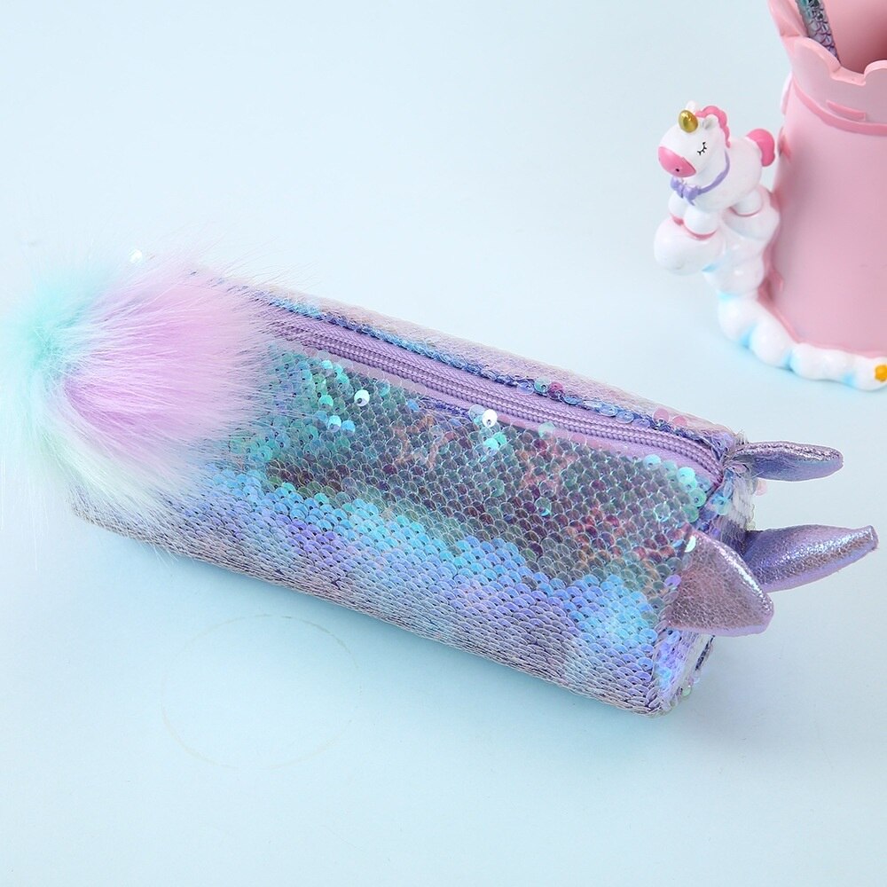Reversible Sequin Cute Unicorn Pencil Case for Girls; Bling Bling Glitter Pink Stationery Bag ; Pensel Beg Alat Tulis: Purple