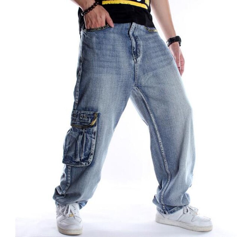 Baggy style mænds jeans hiphop løse store lomme drenge skateboard rap punk distressed blå cowboybukser plus størrelse 46