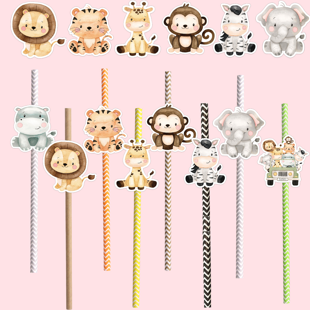 16pcs Carton Animal Straws Eco Striped Drinking Straws for Kids Jungle Safari Wild Animal Happy Birthday Party Decoration Supply