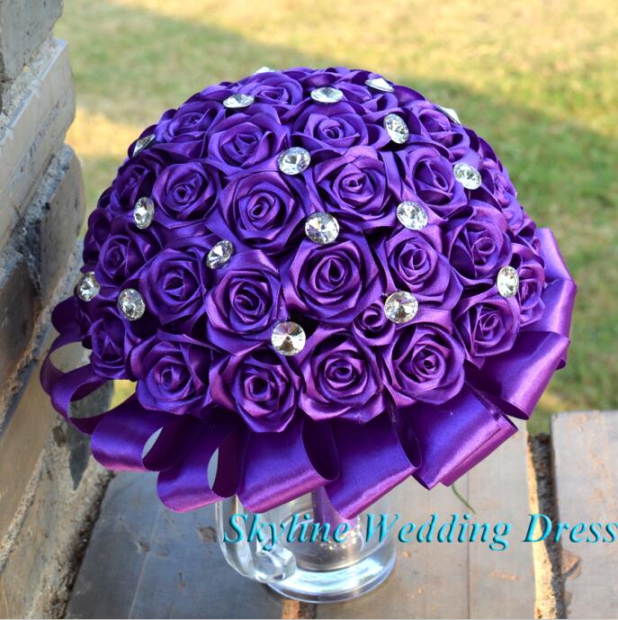 Real Photos Stunning Wedding flowers Golden Purple Bridesmaid Bridal Bouquets artificial Angel Wedding Bouquet: Purple
