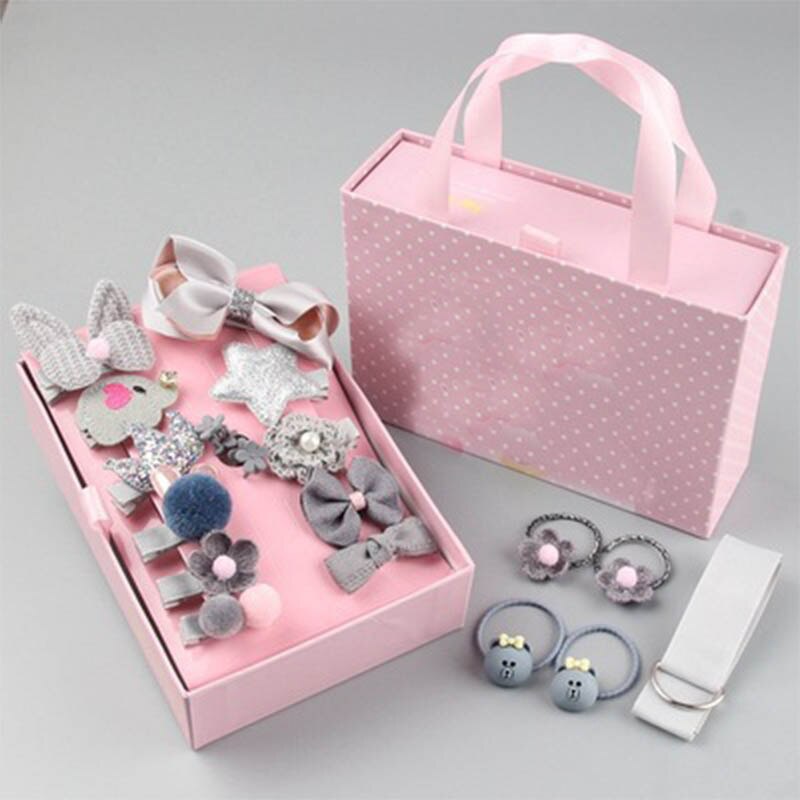 18pcs Children Hair Clip Girl Headwear Boxed Hairpin Hair Rope Accessories Hair Ring Circle Kid Lovely Rubber Band: gray