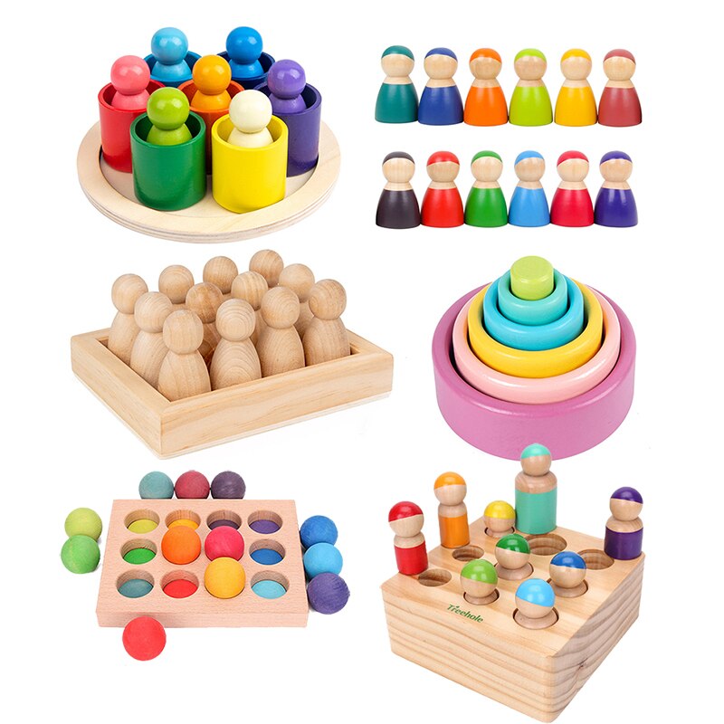 Montessori Wooden Rainbow Block Colorful Wooden Toys Matching Rainbow Stacker Learning Educational Counting Toy