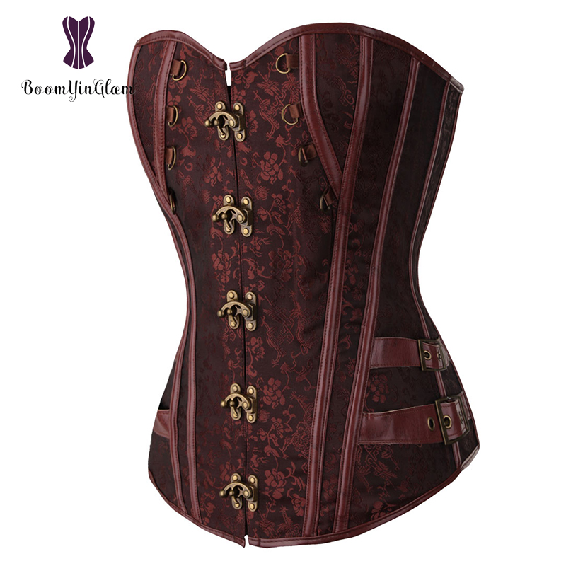 Midja tränare brokad steampunk jacquard konstläder dubbade överbyst brun korsett bustier med kedjor s -6xl 916#