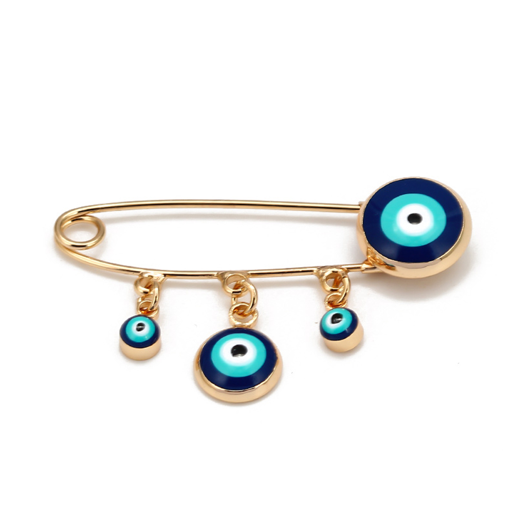 Lucky Eye Oil Blue Turkish Evil Eye Safety Pin Fatima Hamsa Hand Round Charm Brooch Pin for Women Men Jewelry: Light Yellow Gold Color