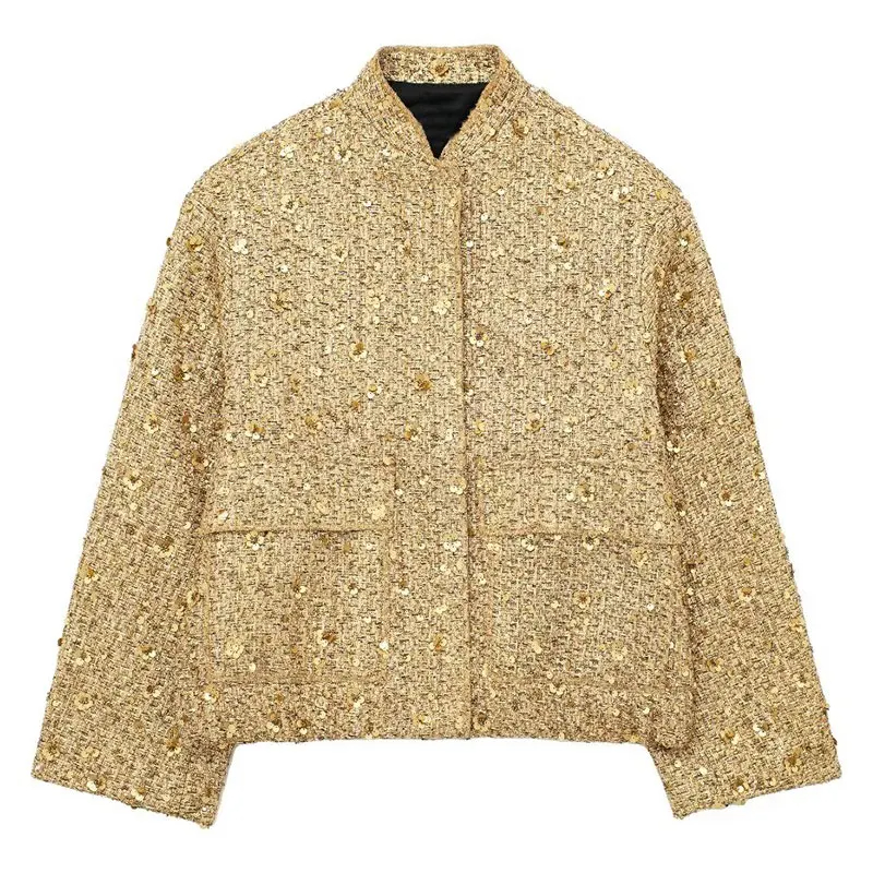 TRAFZA Frauen Glänzende Pailletten Jacke Y2k Gold Farbe Stehkragen Langarm Kurzarm Mantel Herbst Winter Damen Hohe Streetwear: L