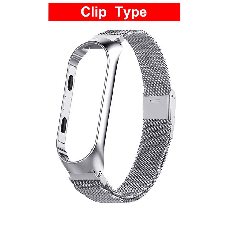 Correa de Metal magnética para Xiaomi Mi Band 4 y 3, repuesto de pulsera de acero inoxidable sin tornillo: Silver Clip Type