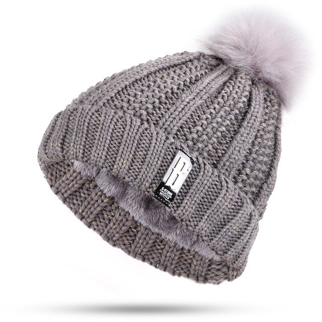 Dikke voering plus fluwelen winter dames pompon gebreide muts ring sjaal sets dames merk mutsen mutsen warme dames ring sjaal: Grijs -2