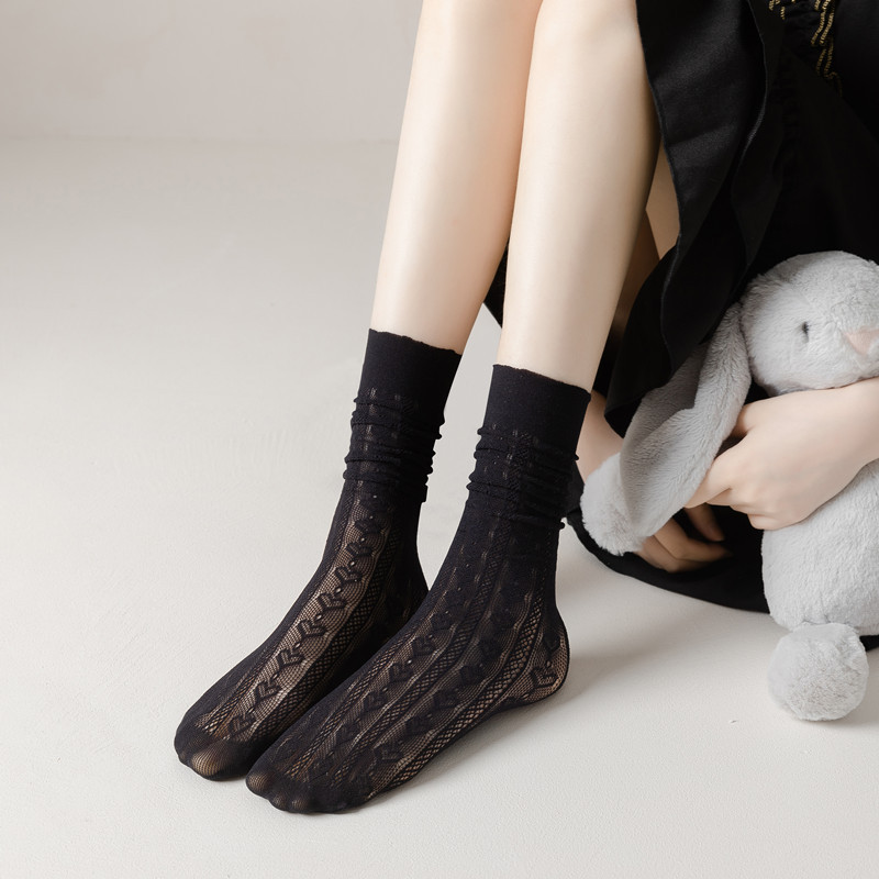 Lolita Sweet White Pile Socks para Mulheres, Mesh Fishnet, Thin Nylon Silk, Retro Flower Lace, Ladies Hollow Transparent Crew Socks: Marfim