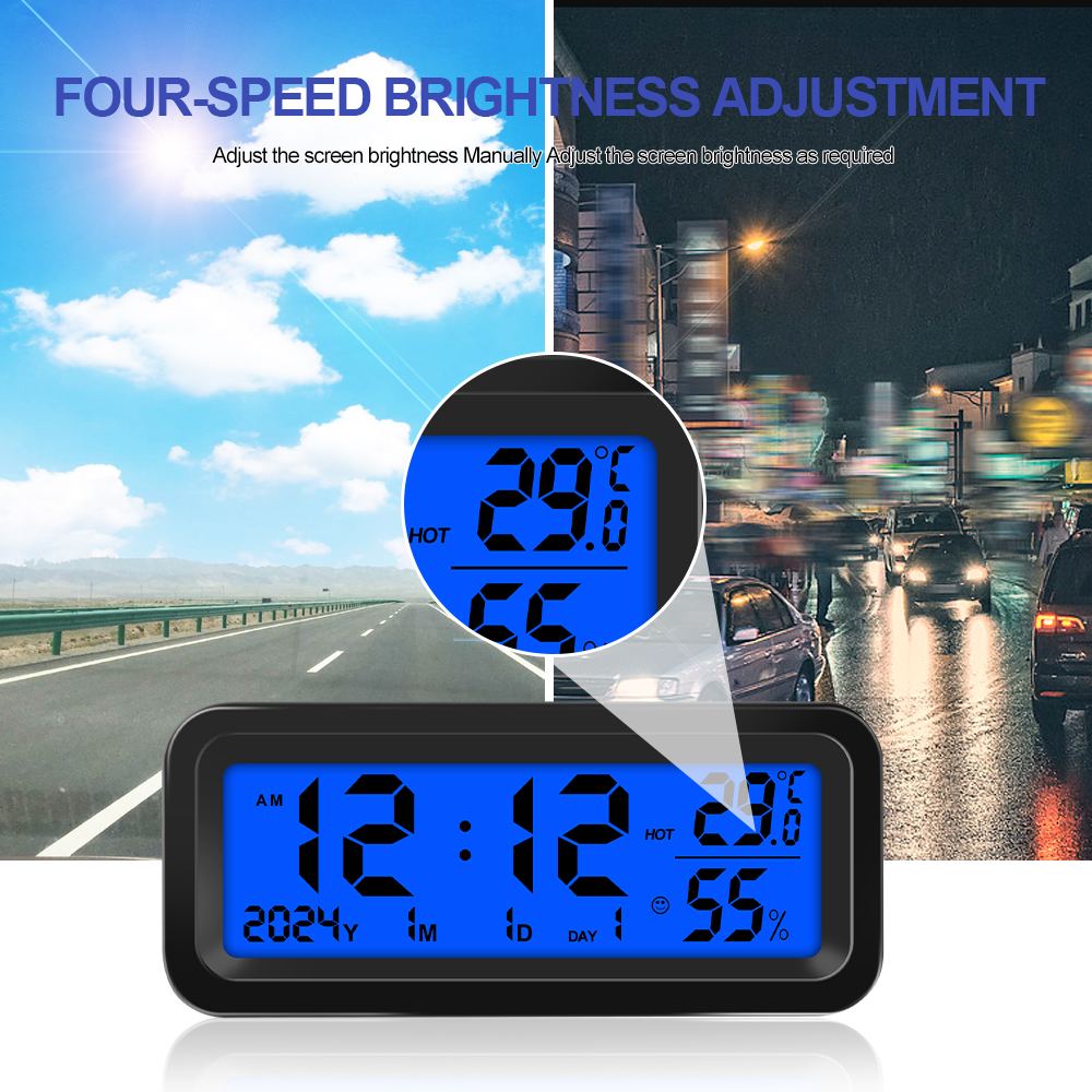 Digitale zonne-auto klok Datum Week Temperatuur Vochtigheid LCD-achtergrondverlichting Display voor dashboard Autoklok Auto's Intern Stick-On