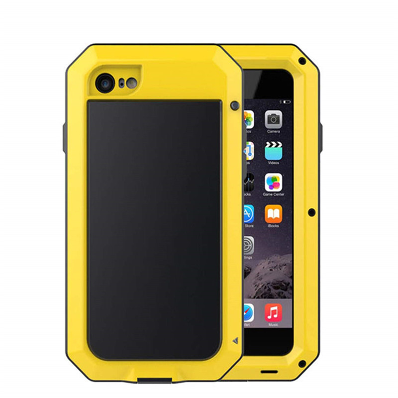 Lyxigt stötsäkert doom armor vattentätt metallfodral till iphone x xr xs max 8 7 6 6s plus 5 5s se 5c skal med skärm och glasfilm: Vinyl / Gul