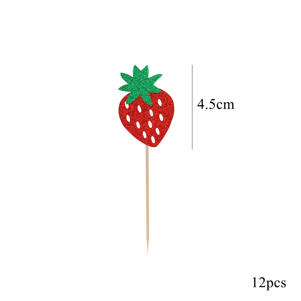 1set Bling Strawberry Cupcake Toppers Sweet One Topper for Summer Strawberry Fruits Themed Happy Birthday Party Cake Decoration