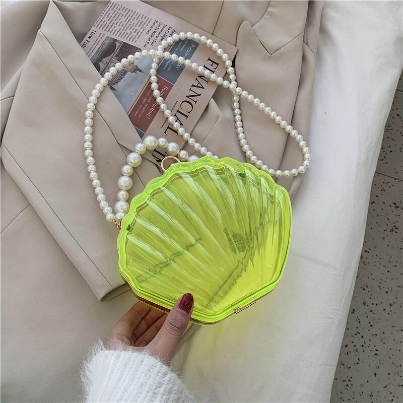 Acrylic Tote Transparent Shell bag PVC Women's Handbag Pearl strap Shoulder Messenger Bag: Fluorescent Yellow
