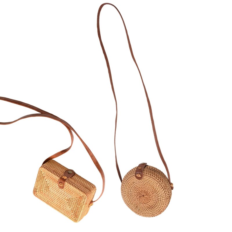 2 Stck eins Neue Damen Hand-gewebte Schulranzen Rattan retro Literarischen Hand-gewebte Leder Schnalle Paket Böhmen Strand Bote Schulranzen,