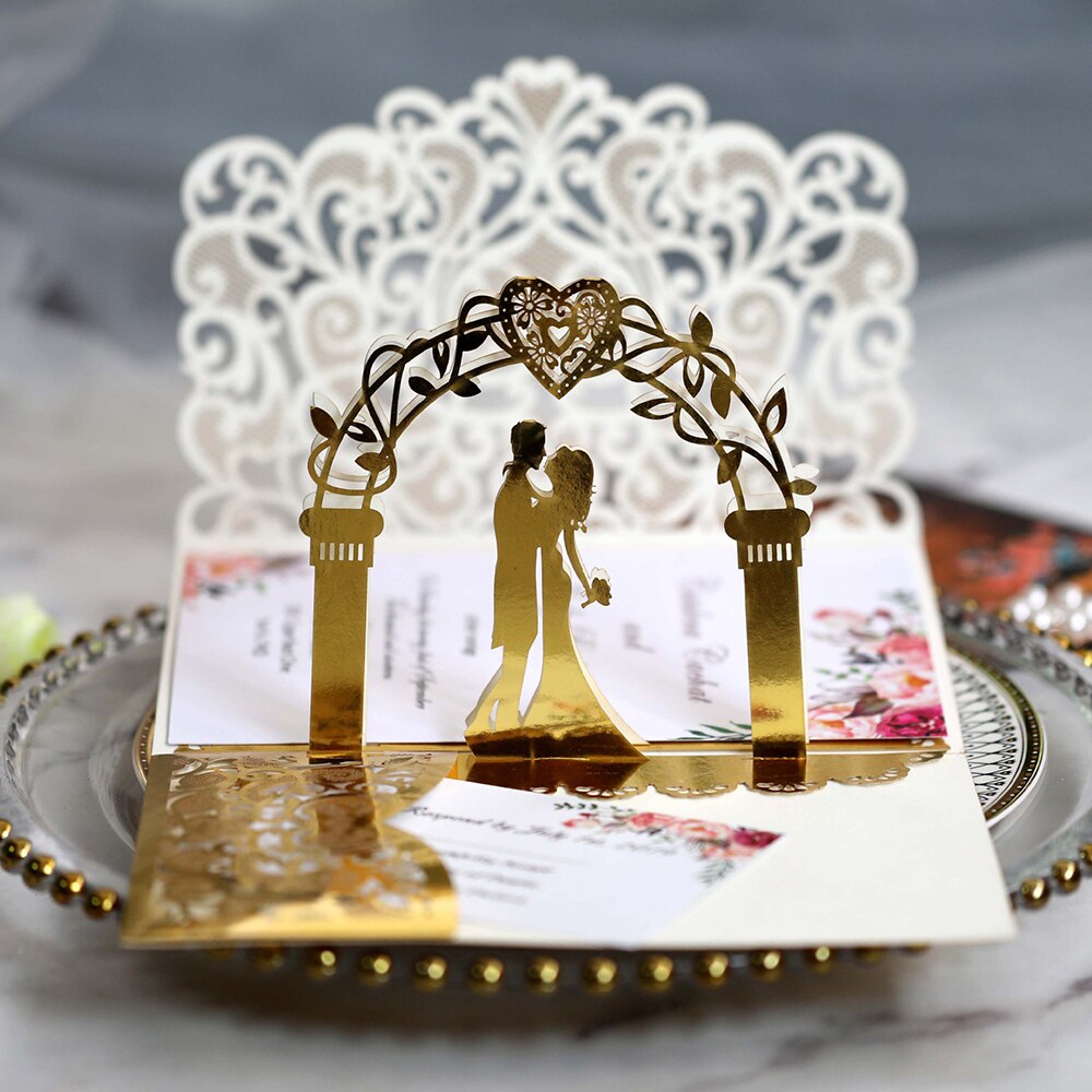 1X Gold Sweetheart Wedding Invitations 3D Pop Up Bride And Groom Bridal Shower Greeting Cards