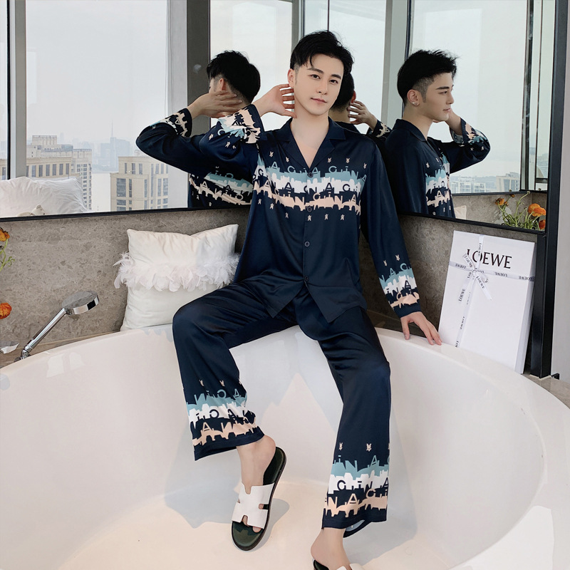 Pyjama de styliste pour homme, vêtements de nuit, haut à manches longues, pantalon, en soie glacée, ensemble de nuit,